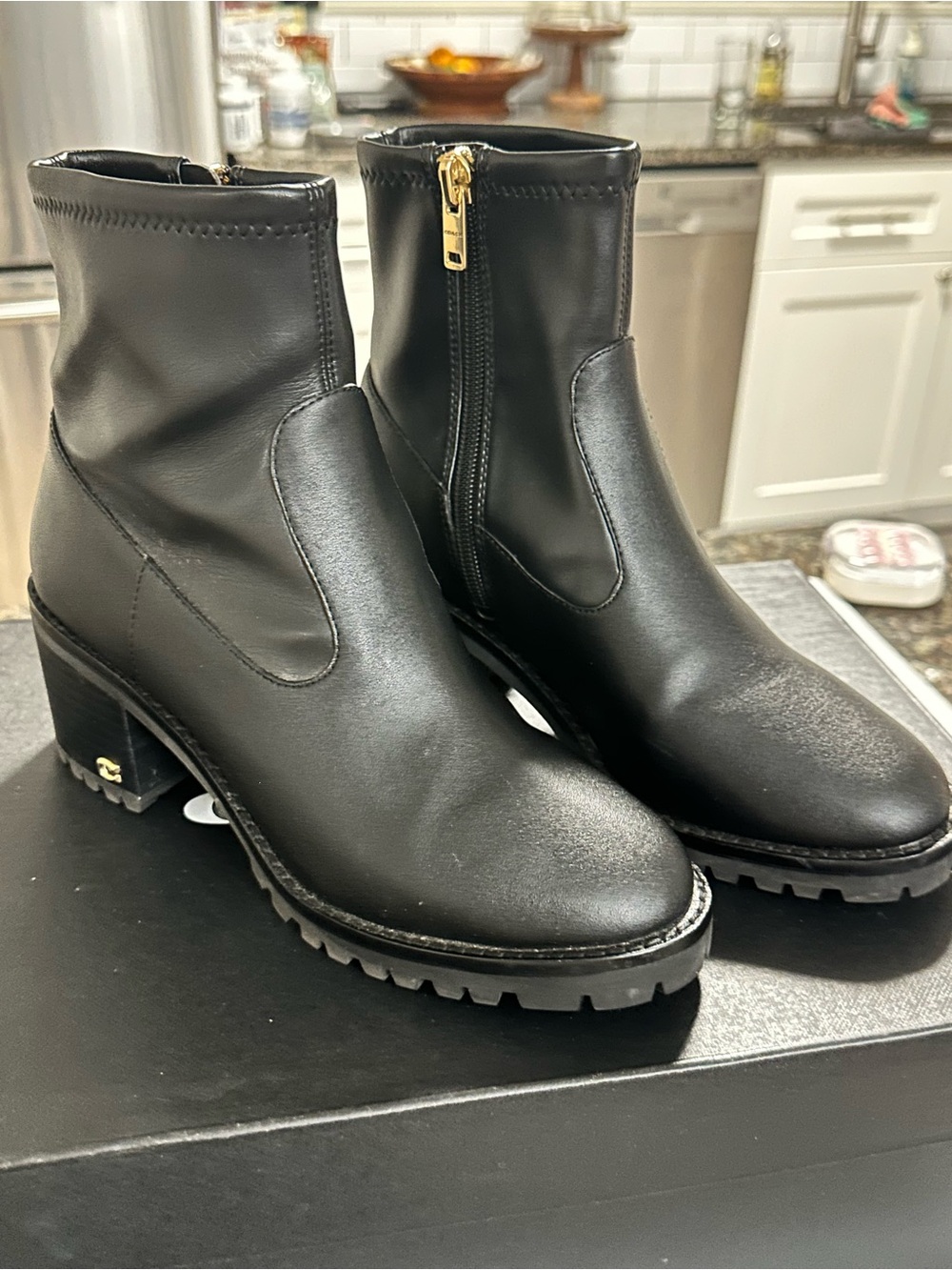 Coach Black Leather Ankle Booties with Gold Zipper
